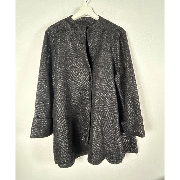 Womens Unique Button Front Textured Swing Jacket Black Gray Pattern Art To Wear - Picture 1 of 6